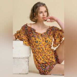 Umgee Floral Border Print Ruffle Sleeve Off Shoulder Spaghetti Strap Romper